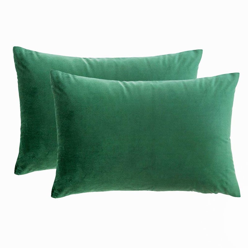 RainRoad Velvet Decorative Throw Pillow Covers Cushion Cover Pillow Case for Sofa Couch Bed Chair Soft Square Dark Green Throw Pillows 12x20 Inch,Set of 2 - Image 1